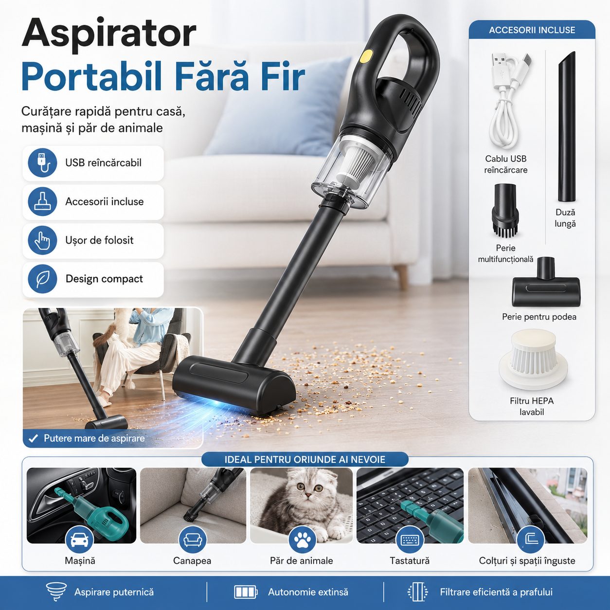 Aspirator Portabil Fara Fir cu Incarcare USB – Pentru Casa si Masina