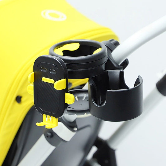 Suport Universal 3 in 1 pentru Carucior, Bicicleta si Masina, 2 Suporturi pentru Pahare + Suport Telefon, Rotire 360°, Negru/Galben