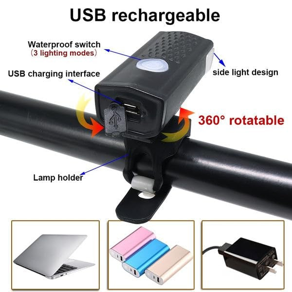 Far LED Proiector Pentru Bicicleta Si Trotineta Reincarcabil USB, 3 Moduri De Lumina, IPX4, Negru
