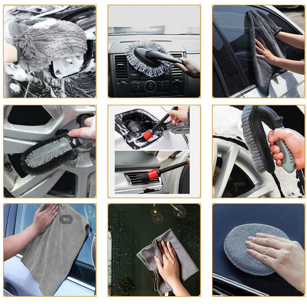 Set 9 Piese Pentru Spalat Auto Cu Perii Si Lavete Din Microfibra, Model A
