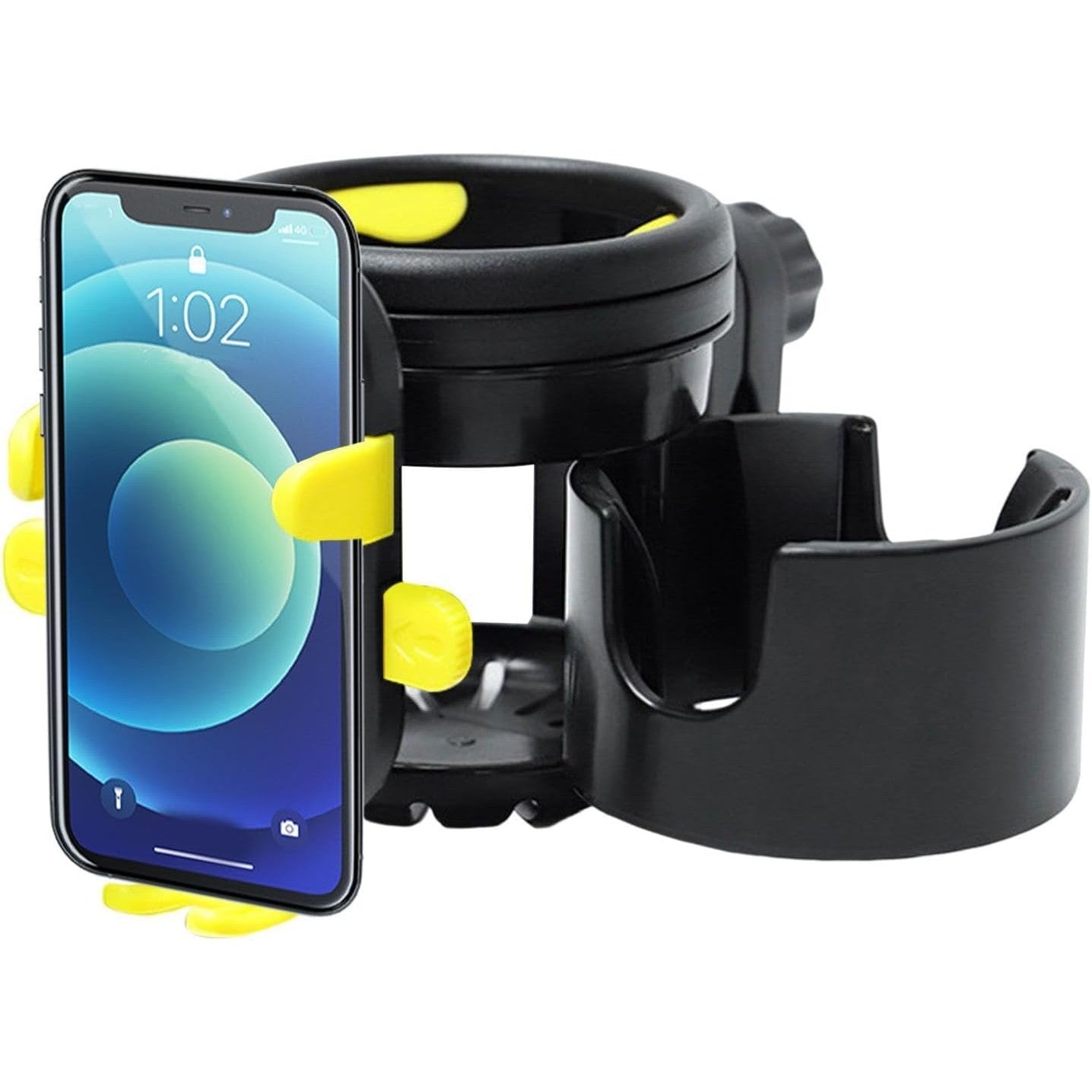 Suport Universal 3 in 1 pentru Carucior, Bicicleta si Masina, 2 Suporturi pentru Pahare + Suport Telefon, Rotire 360°, Negru/Galben