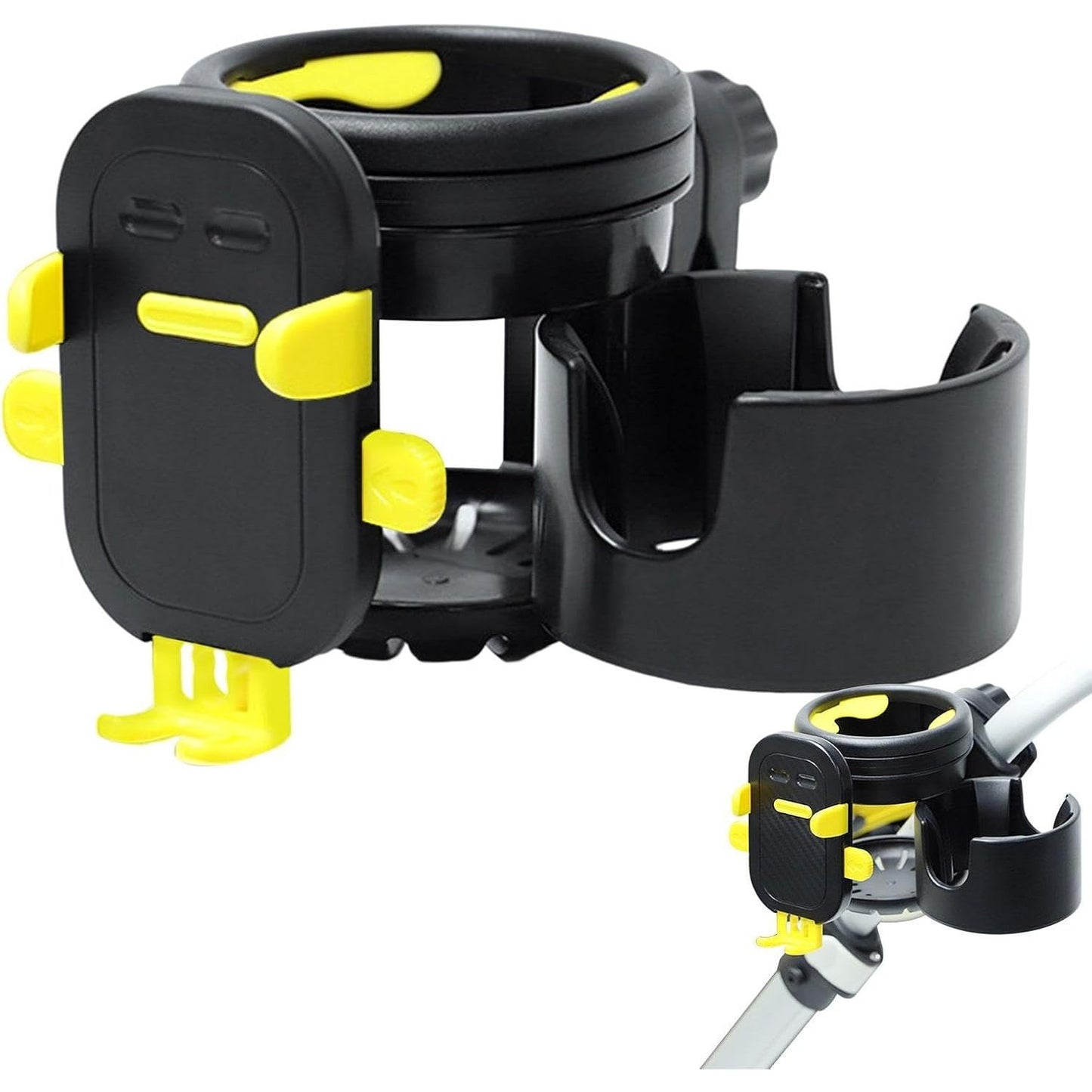 Suport Universal 3 in 1 pentru Carucior, Bicicleta si Masina, 2 Suporturi pentru Pahare + Suport Telefon, Rotire 360°, Negru/Galben