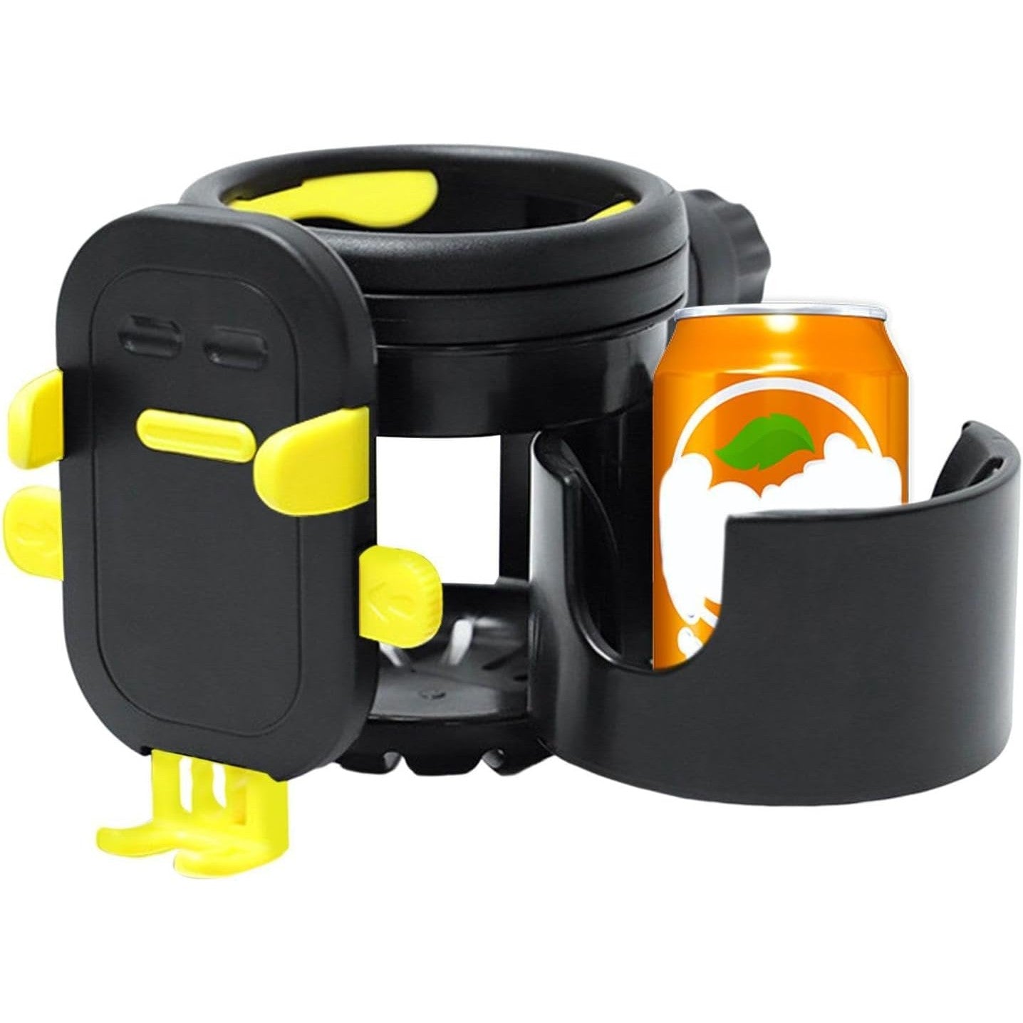 Suport Universal 3 in 1 pentru Carucior, Bicicleta si Masina, 2 Suporturi pentru Pahare + Suport Telefon, Rotire 360°, Negru/Galben