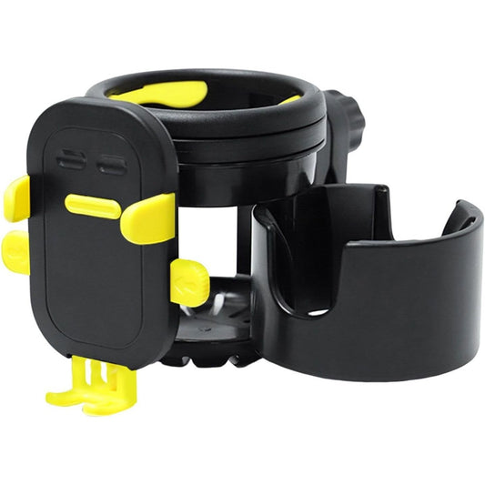 Suport Universal 3 in 1 pentru Carucior, Bicicleta si Masina, 2 Suporturi pentru Pahare + Suport Telefon, Rotire 360°, Negru/Galben